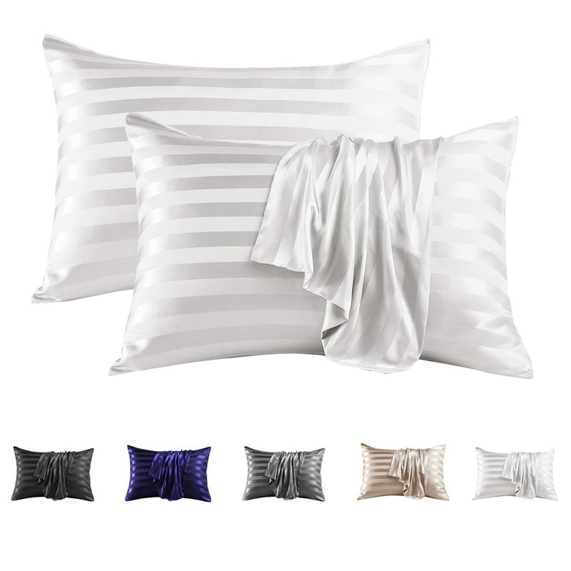 MR&HM Satin Pillowcase for Hair and Skin, Silk Satin Pillowcase 2 Pack, King Size Pillow Cases Set of 2, Silky Pillow Cover with Envelope Closure (20x40, Ivory Striped) - Image 1